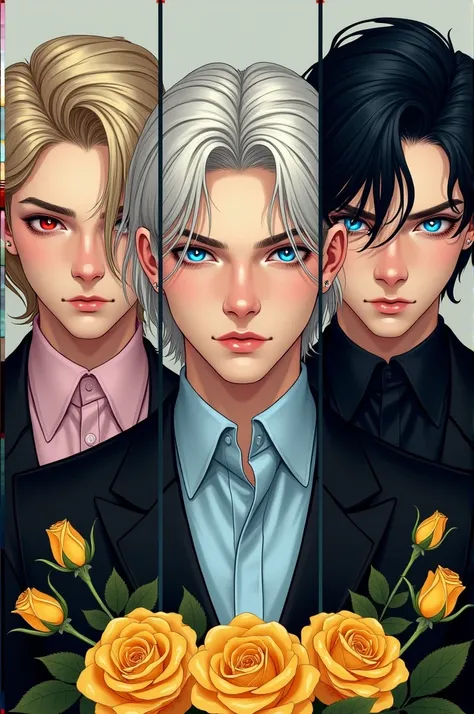 crea una imagen de An attractive young man with creamy white complexion, ojos color rojo carmín Cold and penetrating, platinum blonde hair, dressed in a black suit, shirt rosa pastel, black pants, black jacket, black shoes. An attractive young man with cre...