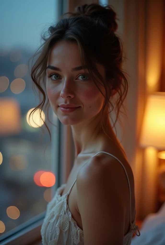 Gorgeous girl, skinny girl, thin girl, eighteen, looking into camera, sexy, smile, blue eyes, happy, nighttime, English girl, (photorealistic 1.2), brunette, elegant, thin, skinny, looking into camera, freckles, gentle, kind, caring, cute bum, hair in bun,...