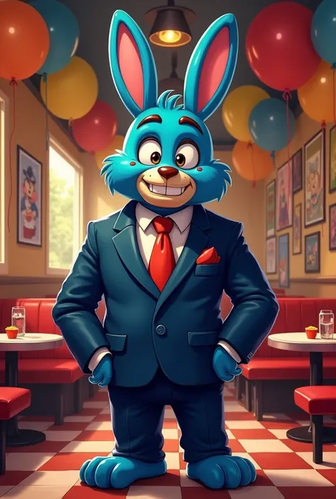 2D cartoon style art, Tall Bonnie from Five Nights at Freddys 1, dressed in a sharp, tailored suit, vibrant blue fur gleaming under the lights, large expressive eyes twinkling with mischief, wide smirk  playful intent, standing confidently in the bustling ...