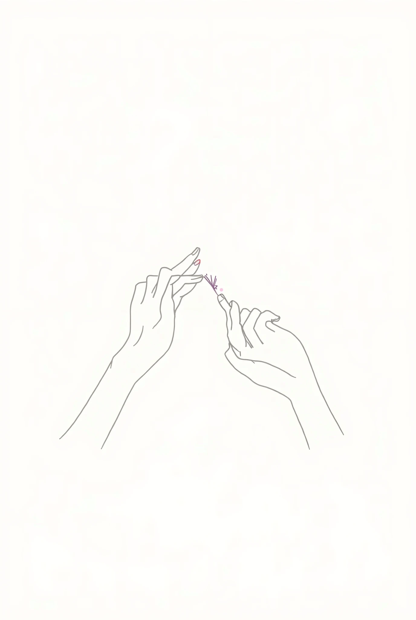 Draw a minimalist image of a hand holding a nail polish brush, painting the nails of the other hand. The illustration must be done in a single continuous line., with clear contours and no colors, highlighting the interaction between the two hands."