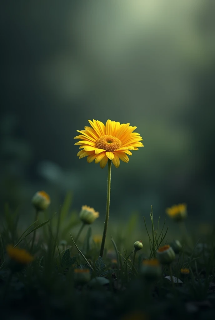 A lonely yellow Gerbera ,in low light, in a garden 