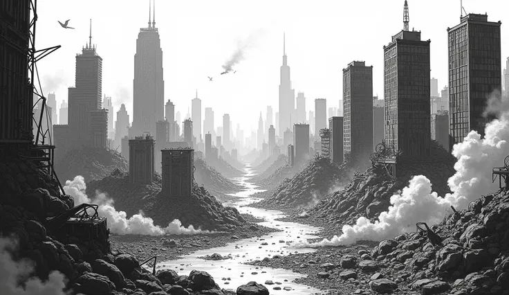 aerial view of a city completely destroyed after a destructive legendary battle (manga art style) (hand drawn) (black and white) 