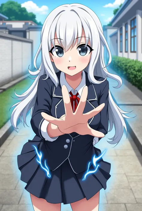 Make a picture of an anime school girl from My Hero Academia, smoky white hair with dark grey eyes