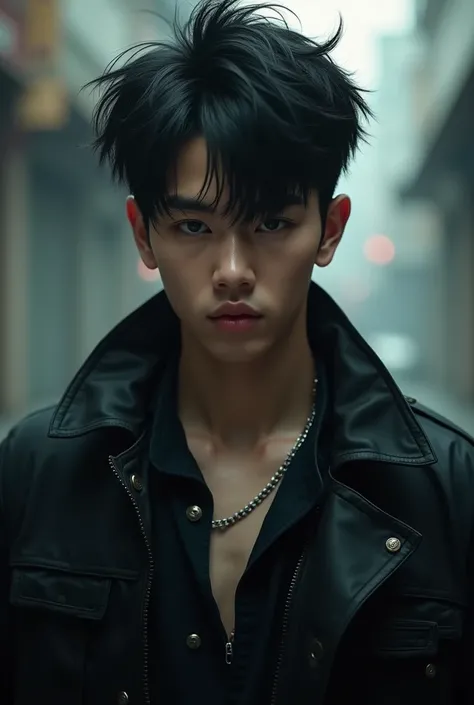 Create a tall Korean black hair gangster boy