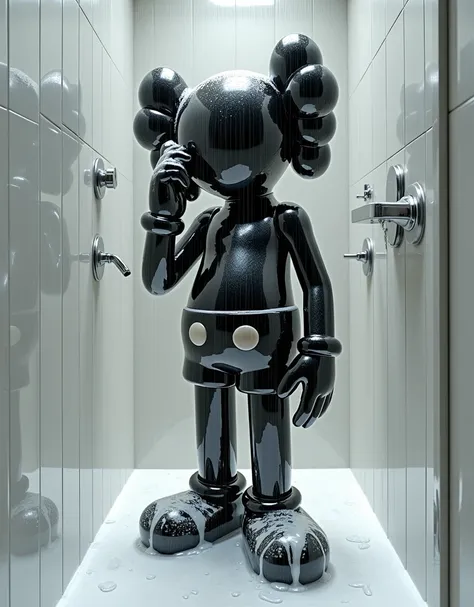 Create a very hyper realistic black kaws getting showering in wide luxury bathroom his body covers by heavy foam soap and talking on sell phone 