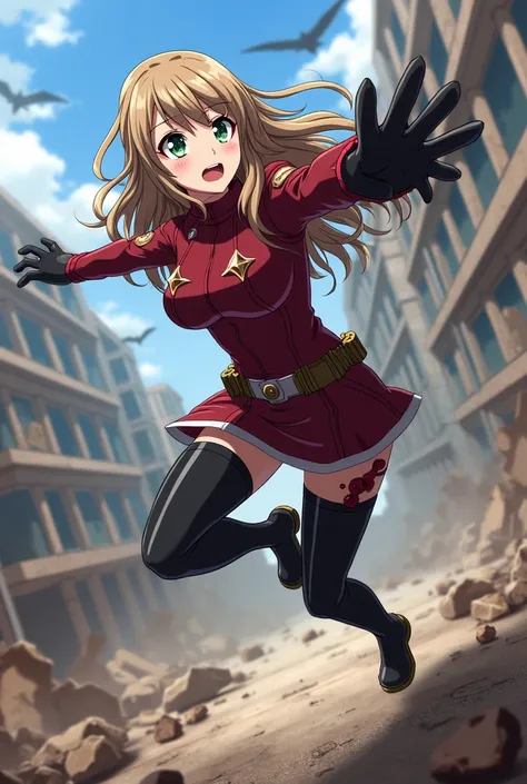 screenshot MY HERO ACADEMIA, A girl with long light brown hair ,with a bang , and big green eyes, Wear a Wine Red Hero Suit With Ruby, black gloves and black long boots, He is fighting with The Villains, to Fight the Villains, It&#39;s Flying, full body, D...