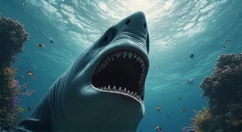 a realistic giant shark with an open mouth showing teeth, swimming towards the camera in an underwater environment with coral reefs around