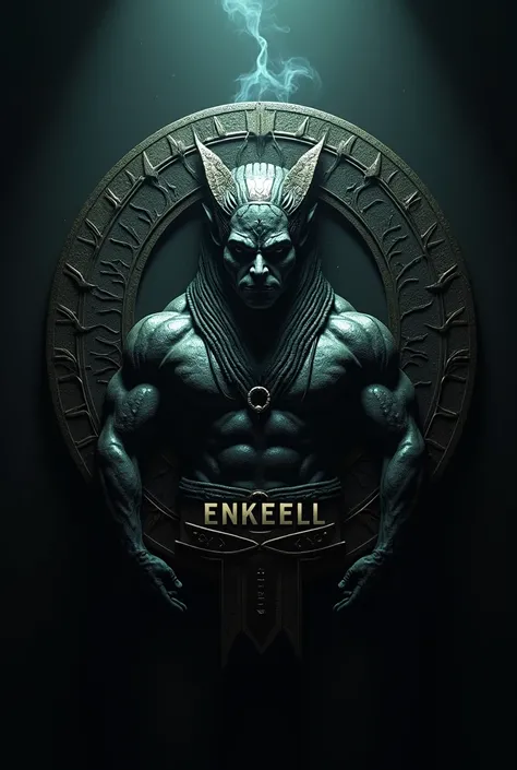 Medal-type logo with the name Enkiell, rapper theme, and the deity of Sumerian mythology, Enki, muscular and with an alien face