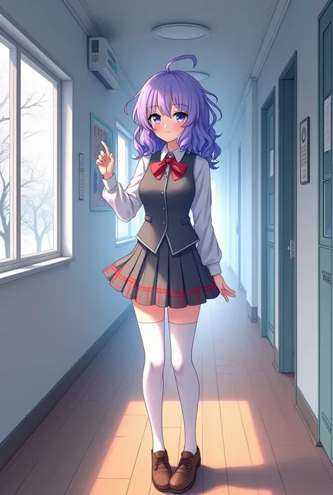 A 1 anime-style woman, stop in the hallway, next to someone, third floor, white school in Tokyo with wooden floor, Through the windows you can see the tops of the trees covered in snow during the afternoon, mide 175 cm, Its measurements are B 55, W 30 y H ...