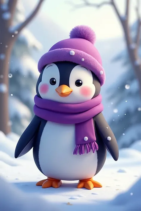 cartoon penguin, wearing a purple scarf and matching hat, talking facial expression, standing on snow, outdoor winter scenery, sunny day, light creating soft shadows and reflections on the snow, minimalistic background with snowy terrain, clear sky, crisp ...