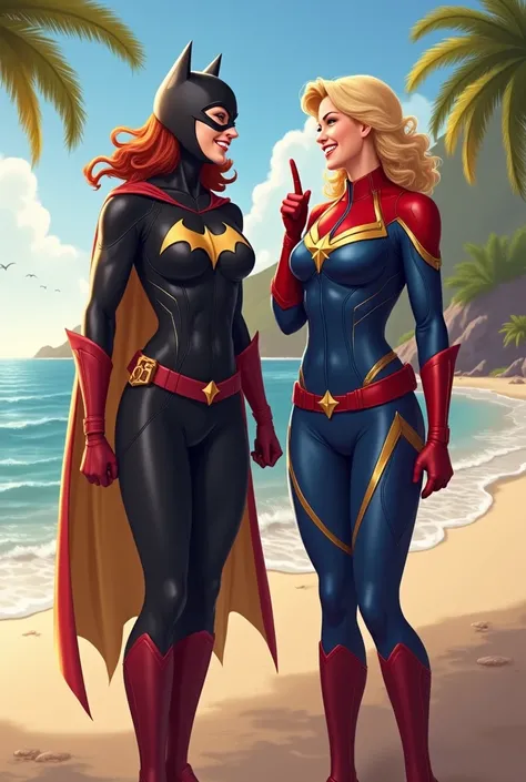 Batwoman and Captain Marvel laughing together and they hold their mouth on the side of beach