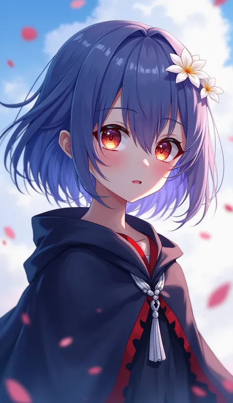 This image portrays a young anime-style character with striking features. The character has short, blue-purple hair that flows gently in the wind, and vibrant amber-colored eyes that stand out against her pale complexion. A white flower adorns her hair, ad...