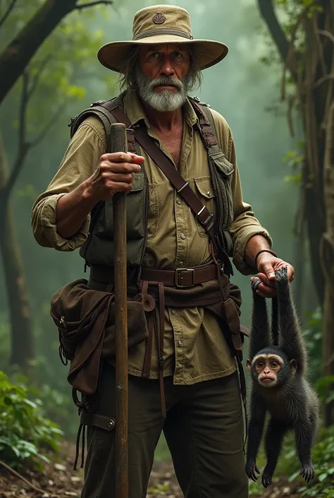 Man dressed as a hunter. With his right hand he points at himself, and in the other hand he holds several dead head monkeys that he has hunted
