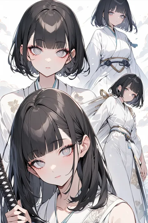 (((white Kimono dress))),(((short black bob, thick puffy bangs ))), (((very detailed face))), cosmetics-free, small thin nose, small thin-lipped mouth, (((very sharp focused eyes))), large slit precision pale grey eyes, sparkling like jewels, Long eyelashe...