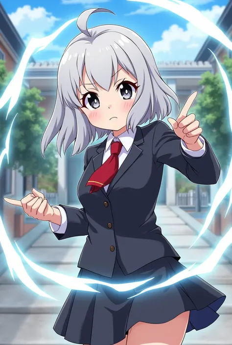 Make a picture of an anime school girl from My Hero Academia, smoky white hair with dark grey eyes