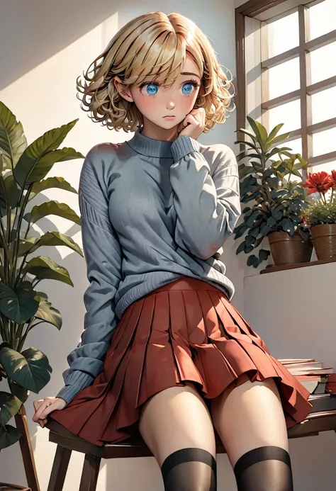 illustration, detailed illustration, ultra detailed, 1girl, 30 year old girl, short hair, hair over eyes, blonde hair, curly hair, blue eyes, gray sweater, red pleated skirt, black stockings, holding own elbow, shy expression, looking down, embarrassed, sa...