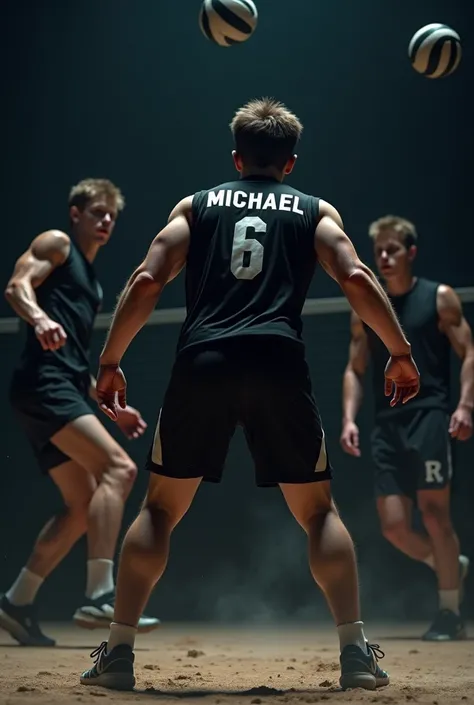 A teenager playing volleyball, the color of the ball black and white, On the shirt it says Michael with number 6,the uniform is black ,the background is a dark night, This one with his back turned and throwing the ball with both hands and this one jumping,...