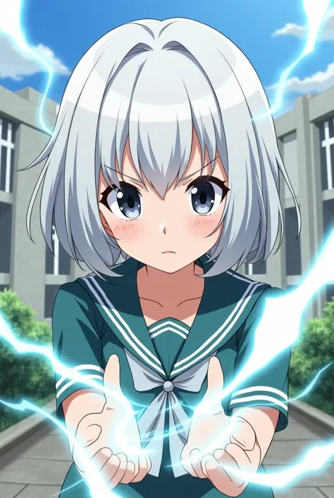 Make a picture of an anime school girl from My Hero Academia, smoky white hair with dark grey eyes