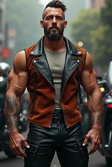 master piece, HD wallpaper, 4k hombre australiano handsome y musculoso )(hairy body) strong and muscular legs tight leather pants, Two-tone T-shirt with a spectacular fashion gamuza  and velvet jacket, Fashion, modern surrealist print,, close up, perfect f...