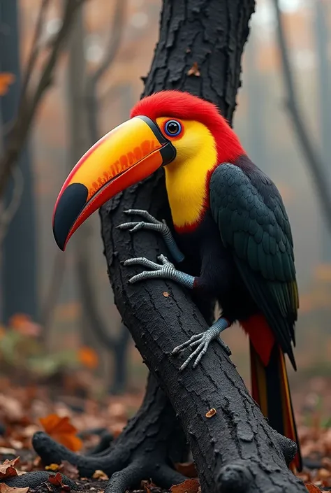 Toucan hugging a branch of a tree damaged by fire