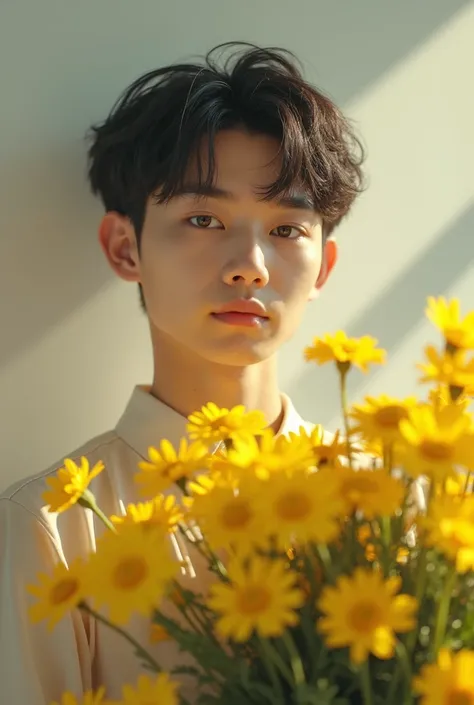 Make me read Felix from Stray Kids with a bouquet of yellow flowers in his arms 