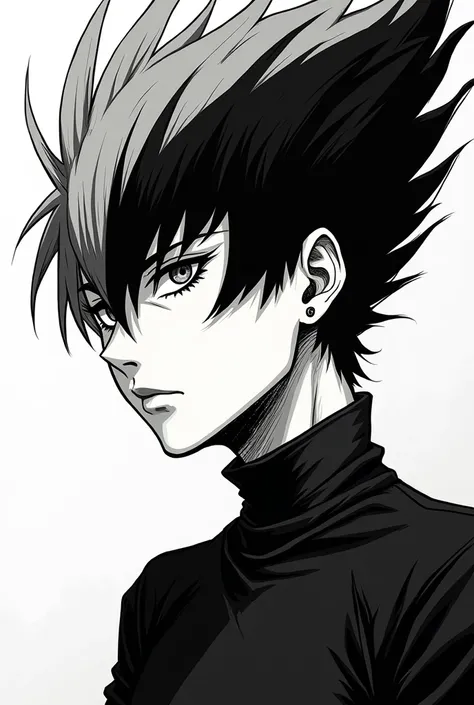 Generate a black and white manga style character with black split hair 