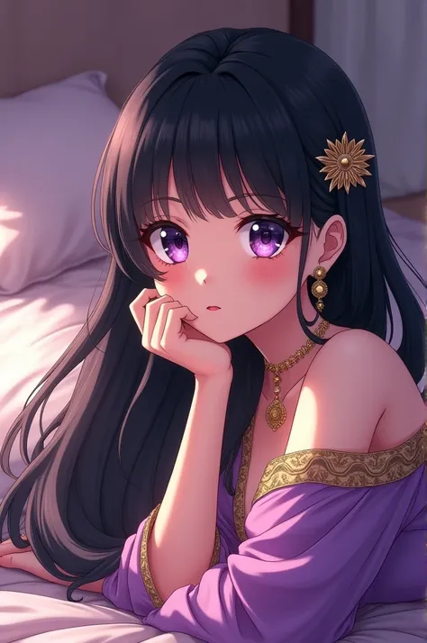 Create a young, extremely beautiful and delicate anime in 2d style girl with porcelain-pale skin. Long, straight black hair reaching her waist, with bangs covering the forehead. Glazed purple eyes with framing lashes. Beautiful nose, perfectly aligned and ...