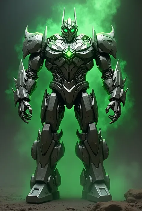 Warrior made of metal and robust with 2,20 and aura from green heart, he looks a bit like Optimus prime
