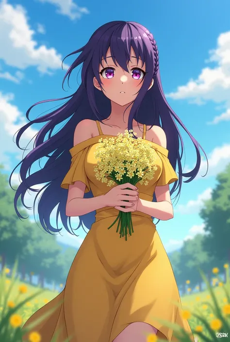 (estilo my hero academy) A girl with long dark purple hair with a braid, with light purple eyes,tall and with medium sized breasts wearing a yellow dress, in the hands some yellow flowers