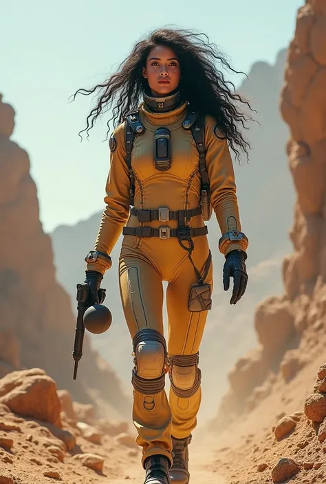 Beautiful cosmonaut with a state-of-the-art defense device and an exploration backpack. Tight-fitting spacesuit. luminescent,  slender body,  voluptuous and exuberant. Long hair,  assorted, black tangled by the wind. Beautiful face with freckles,  red eyes...