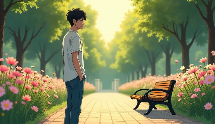 chapter 1: “Meet in the Park” General Description: • style: Romantic and emotional comics, Focus on detailed facial expressions and comfortable backgrounds.. Scene 1: Seonwoo Park • Character • Listen: Man in his 20s, short black hair, He is wearing a whit...