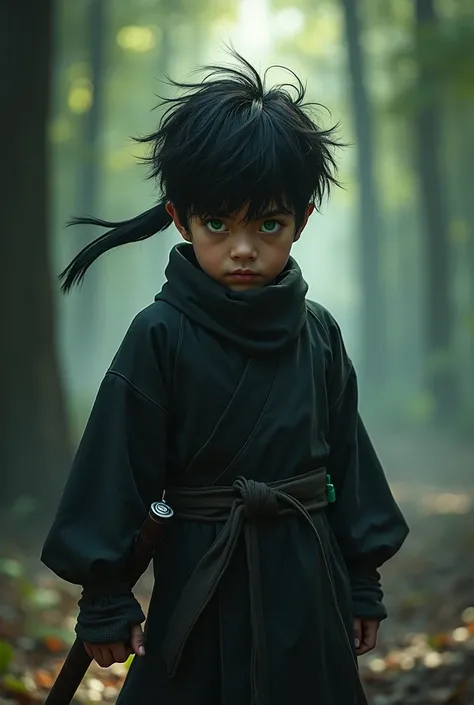  boy black hair with bangs and messy with ninja headband green eyes and ninja uniform