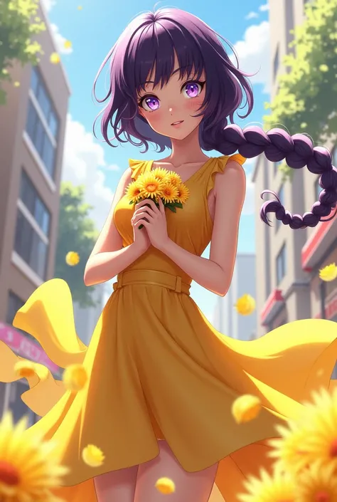 (estilo my hero academy) A girl with dark purple hair with a braid, with light purple eyes,tall and with medium sized breasts wearing a yellow dress, in the hands some yellow flowers