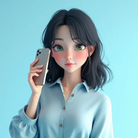 Women (3d format) (tender) (linda) black hair, She has a light blue blouse, his eyes are green, white skin, He has a cell phone in one hand, sky blue background