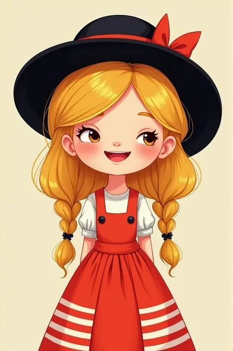 a blonde girl with two braids, freckles on her face, happy with her cheeks flushed, wearing a red dress - striped with white and a black hat, cartoon style