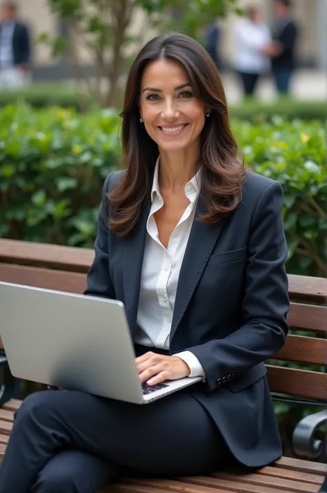 Brazilian executive woman Santana on the bench with a computer on her lap