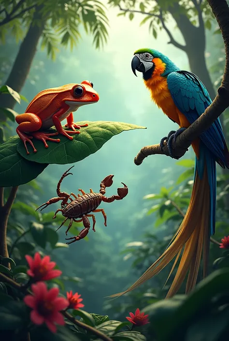 A dendrobates frog in the jungle,  a scorpion on a leaf and a parrot on a tree branch 