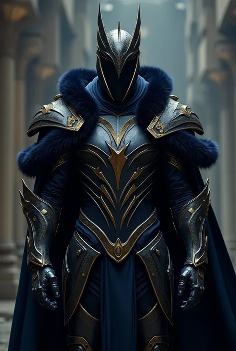 an anti-hero with black armor with gold and blue details, black mask, black cover, black fur on shoulders and simple black crown 