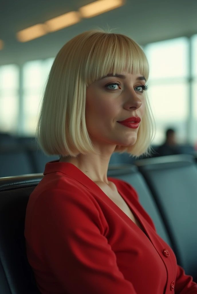 ((close-up)), Eyes away a woman sitting in airport, straight blond bob haircut hair and a red dress, 16k, high detailed