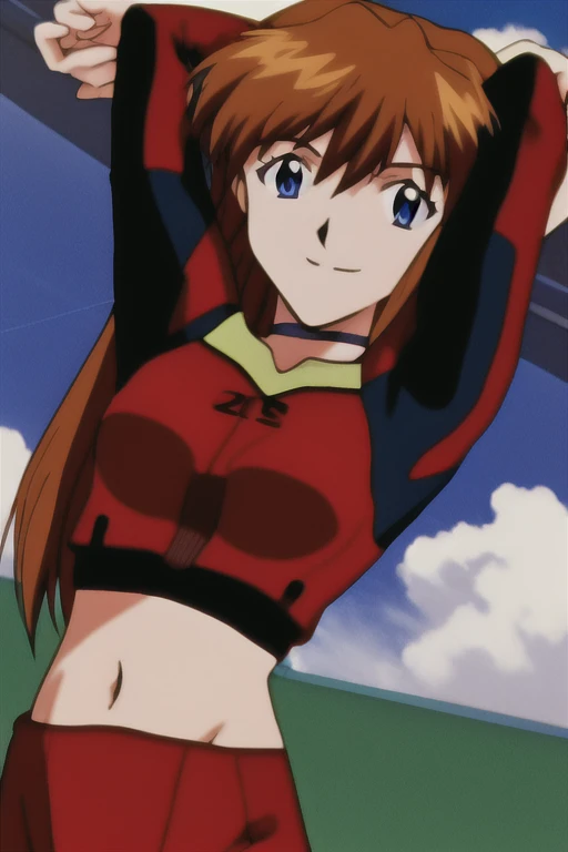 asuka, 1girl, solo, long_hair, smile, blue_eyes, brown_hair, racing, racing suit, midriff, sky, choker, day, cloud, orange_hair, interface-headset, red crop-top, stretching, both arms up