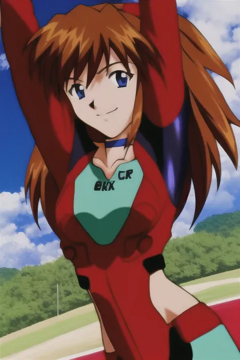 asuka, 1girl, solo, long_hair, smile, blue_eyes, brown_hair, racing, racing suit, midriff, sky, choker, day, cloud, orange_hair, interface-headset, red crop-top, stretching, both arms up