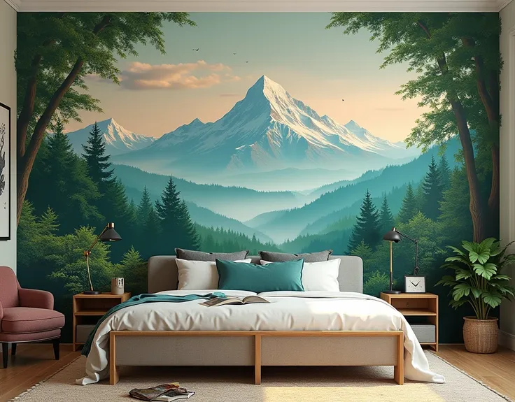 generate a wall mural for Briyani House  including mountain,forest,and name Shivam Handi Briyani size 11*11s.q feet