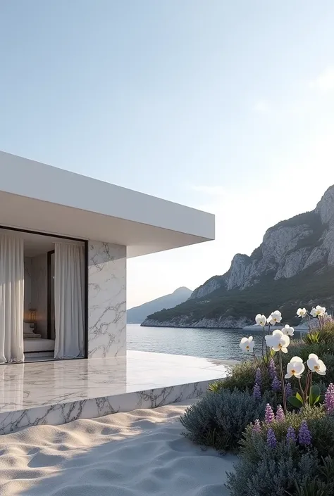 Create an image of a modern beachfront home, with glass walls offering a panoramic view of the ocean and the mountains in the background. The structure should have white Thassos marble walls and details in soft gray tones., reflecting the light of day and ...