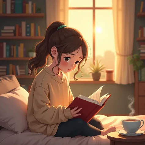 A young girl sits peacefully in a cozy room, absorbed in reading a book. She has long wavy brown hair, tied in a low ponytail, and wears a soft, oversized sweater in pastel colors. The scene is illuminated by the warm, golden light of a nearby window., tha...