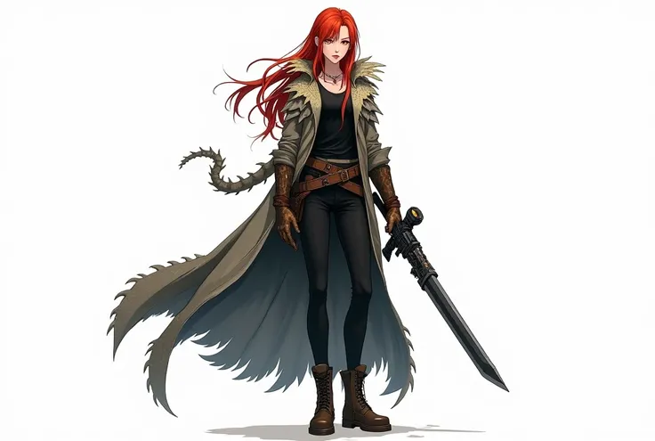 make it in anime style and with a white background, A tall woman, with fair skin, red hair, yellow eyes, wearing a coat made of dragon scales, underneath wearing a black shirt, She wears black pants, and leather boots, she uses a rifle mixed with a sword a...