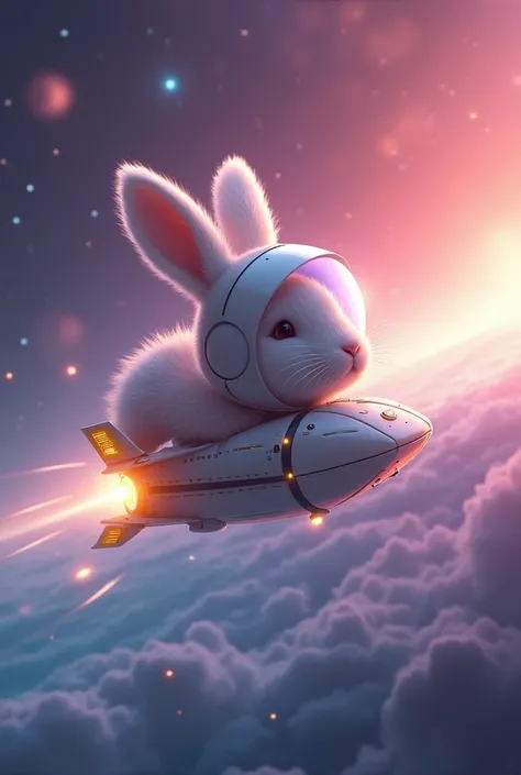 Rabbit in a spaceship crossing the cosmos with pink, blue and purple colors with yellow touches. The image is in 4K and the rabbit is male and wears a helmet and a lot of mewing.