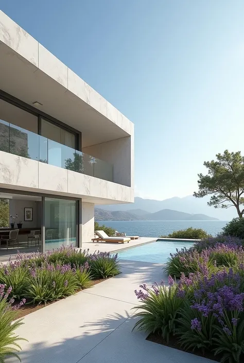 
"Create an image of a modern house by the sea, featuring glass walls that offer a panoramic view of the ocean and mountains in the background. The structure should have Thassos white marble walls and soft gray accents, reflecting daylight and the gentle g...