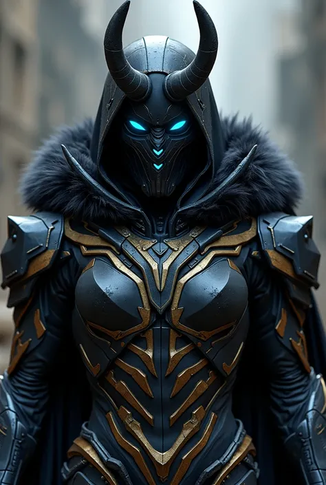 an anti-hero with black technological armor with gold and blue details, black oni mask, black cover, black fur on the shoulders and blue eyes