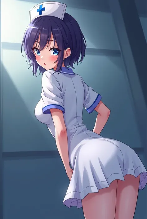 nurse looking from behind, short dark purple hair, anime, white blue eyes, naughty, imagine the room as a square, her body is facing the upper left corner of the room, keeping your back to the right diagonal, with the body leaning forward, is looking back ...