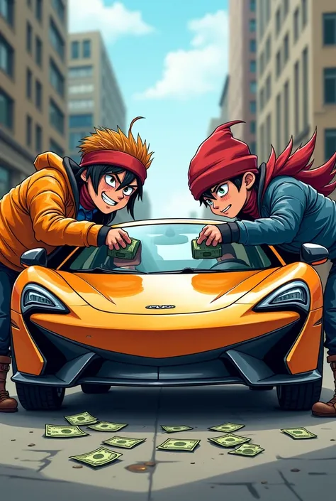 make bandits with money on car(mcclaren) and in the photo there is the inscription Brodyagi Refund. 
cartoon style may be in anime style

they may be on the side

you need two guys

inscription Brodyagi Refund  !!!